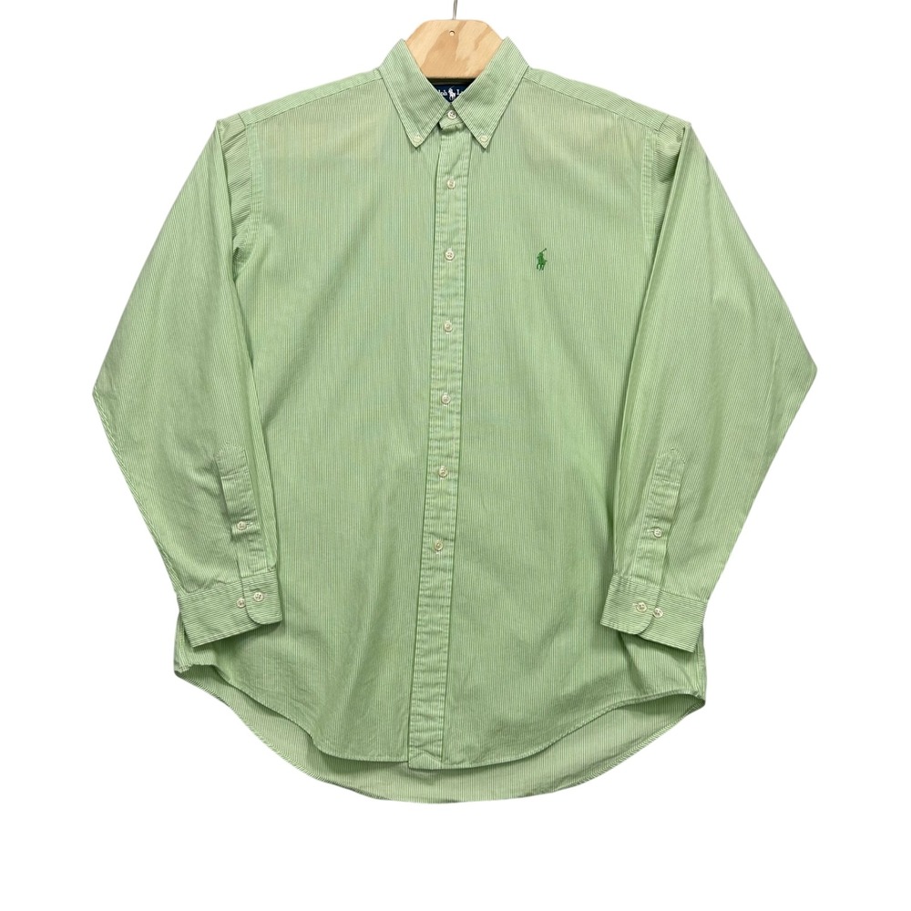 Ralph Lauren Yarmouth Mens 16 34/35 Green Pinstripe Cotton Button Down Shirt VTG